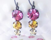 Rose, Light Topaz, Canary Yellow Three Stone Drop Earrings, dangle jewellery, bridesmaid gift, retro