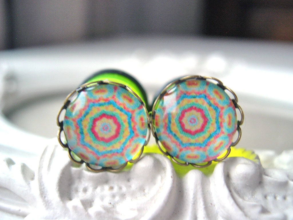 Pretty cabochon plugs gauges  12mm 1/2"  multicolor multi color