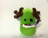 Green Stuffed Monster Plush with Antlers, Teeth and a Pocket Mouth, READY TO SHIP - SaintAngel
