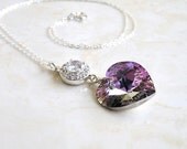 Lilac Teal Swarovski Crystal Heart Necklace CZ Halo Sterling Valentines Violet Bridesmaid Jewelry Wedding Jewelry