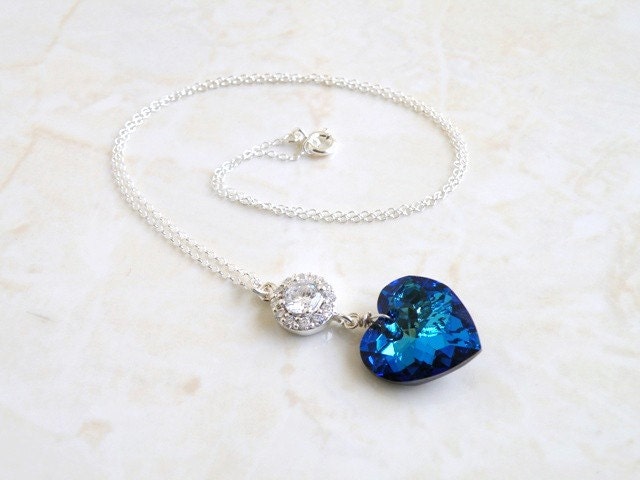Royal Blue Sea Green Swarovski Crystal Heart Necklace CZ Halo Sterling Valentines Violet Bridesmaid Jewelry Wedding Jewelry