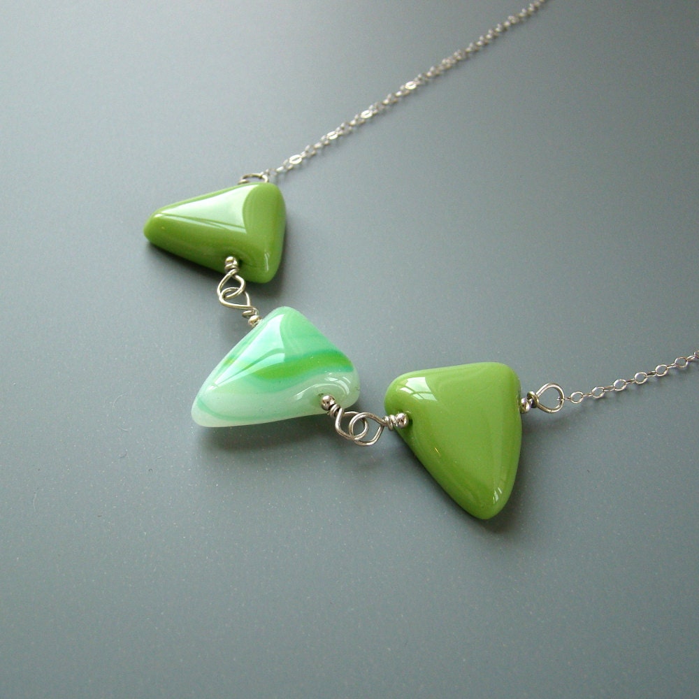 Pennant Modern Fused Glass Necklace Sterling Silver Lime Green aqua