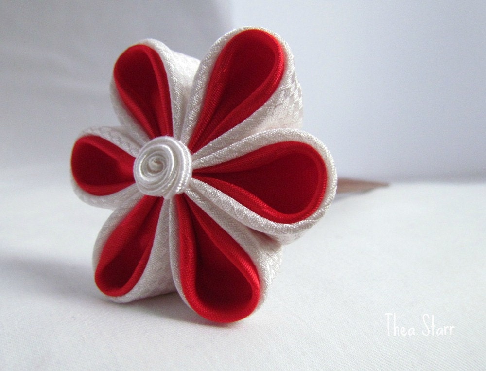White and Red Kanzashi Fabric Flower Hair Stick