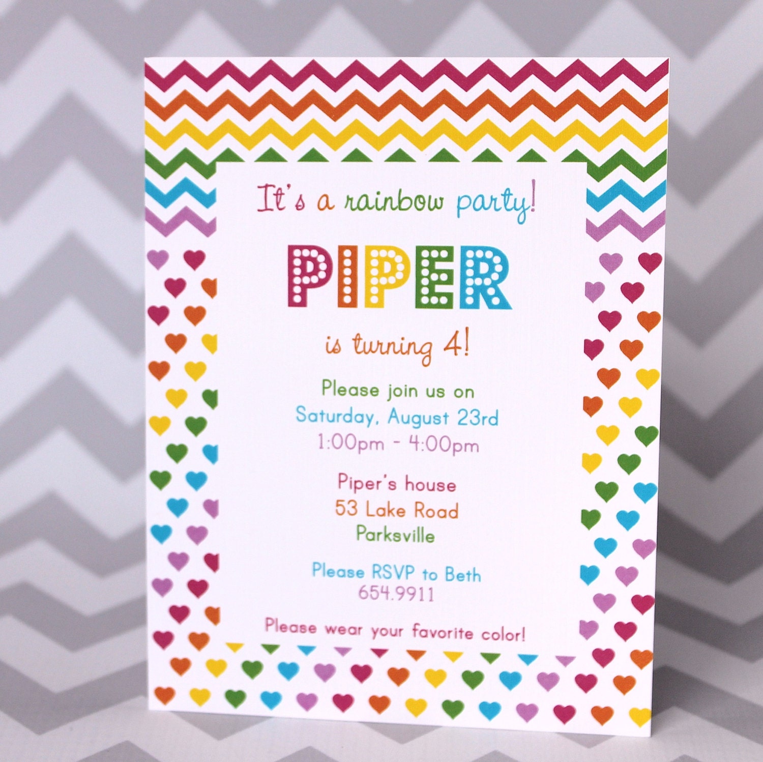 Rainbow Birthday Invitation Chevron and Hearts