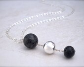 Lava silver pendant with chain, black, graduated round sphere balls, modern minimalist contemporary style