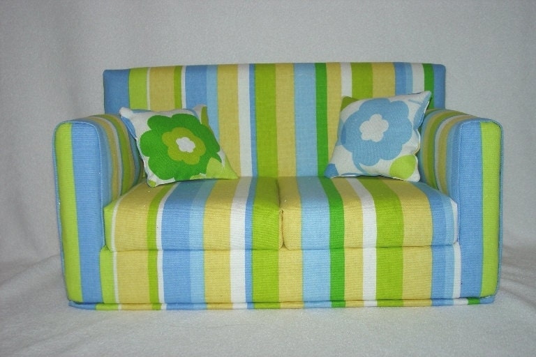 18 Inch Doll Sofa, Blue, Green, Yellow,  White Stripes - Cabana- Handmade