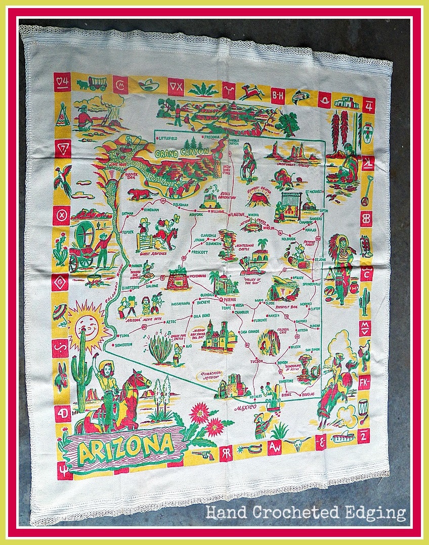 Vintage Printed State Souvenir Tablecloth - Arizona - Bold Color and Graphics