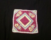 Vintage Hankie Purple Cotton Handkerchief with Green, Aqua, White, and Yellow Stripes and Yellow and Aqua Flowers