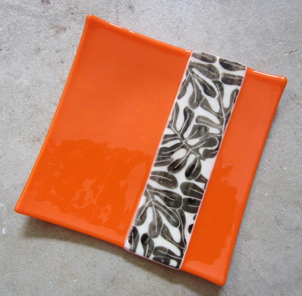 Fused Glass Plate, Glass Home Decor, Orange Glass Plate with leaf print