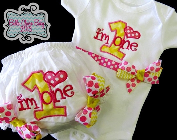Pink Lemonade Chevron Heart Set bodysuit and bloomers baby girls Initial Number Embroidery Custom Order Hot Pink Fuschia Yellow