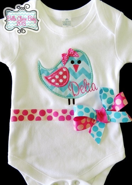 Sparkle Chevron Birdie bodysuit onesie for baby girls toddler- Custom Order for baby girls aqua light pink hot pink