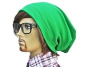 Green Beanie Slouch Beanie- Ultimate Slacker Sewn STRETCH KNIT Beanie Hat- Mens or Unisex