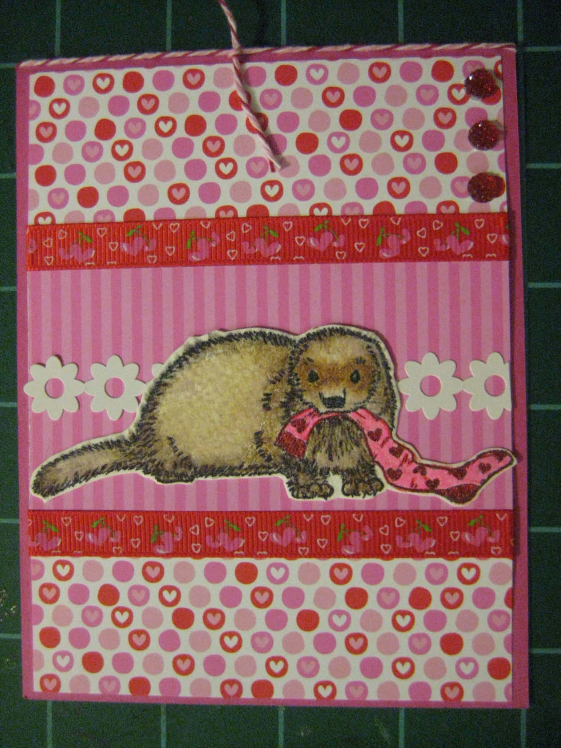 Ferret Love, Set of 5 cards and envelopes, Cute Ferret Playing with Sock, Hearts, Sweet Weasel