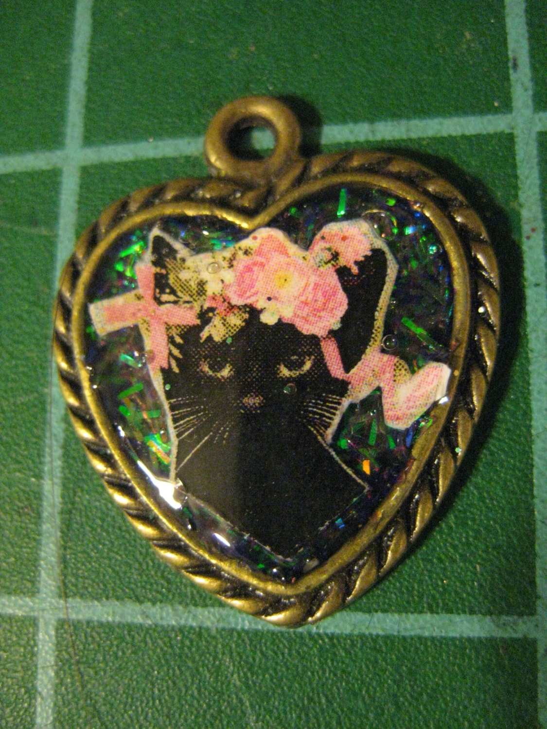 Black Kitten in Pink and RIbbons, Heart Pendant, Cat Collar Charm, or Children's Necklace