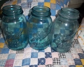 3 Perfect Ball Mason Blue  Aqua QUART Jars  REPURPOSEstorage country wedding vase