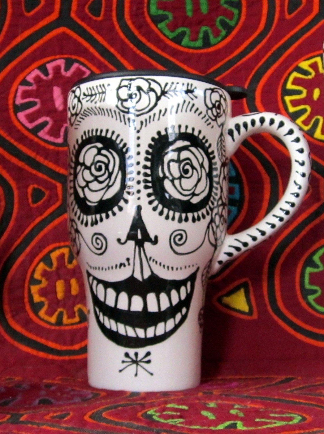 One Frida Kahlo Skull 16 oz Travel Mug Handpainted Original Design for Day of the Dead and Beyond