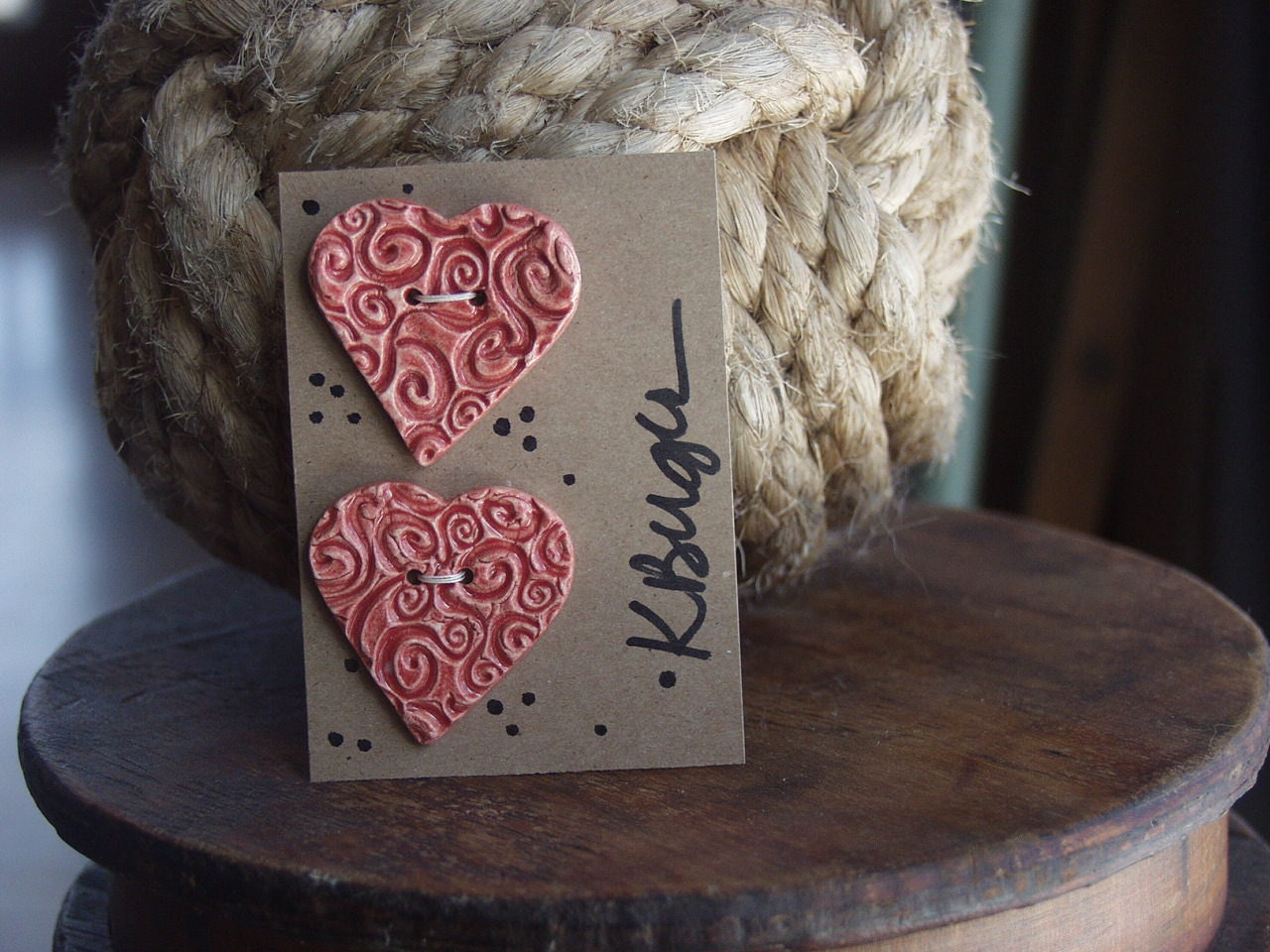 Hand Built Heart Pottery Ceramic Textured Red Pottery Set of 2 Buttons
