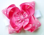 boutique double layered BIG HOT PINK dots hair bow on a headband