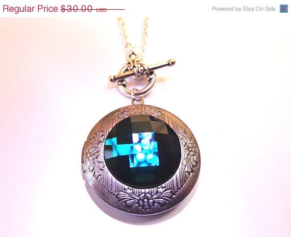 Sale 25% Off Teal Blue Crystal Glass Cabochon Antiqued Silver Plated Brass Locket Necklace