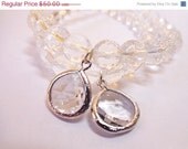 Sale 25% Off 128X Faceted Clear Rock Quartz Crystal Beaded Bracelet With Faceted Glass and Leaf Charm Gold