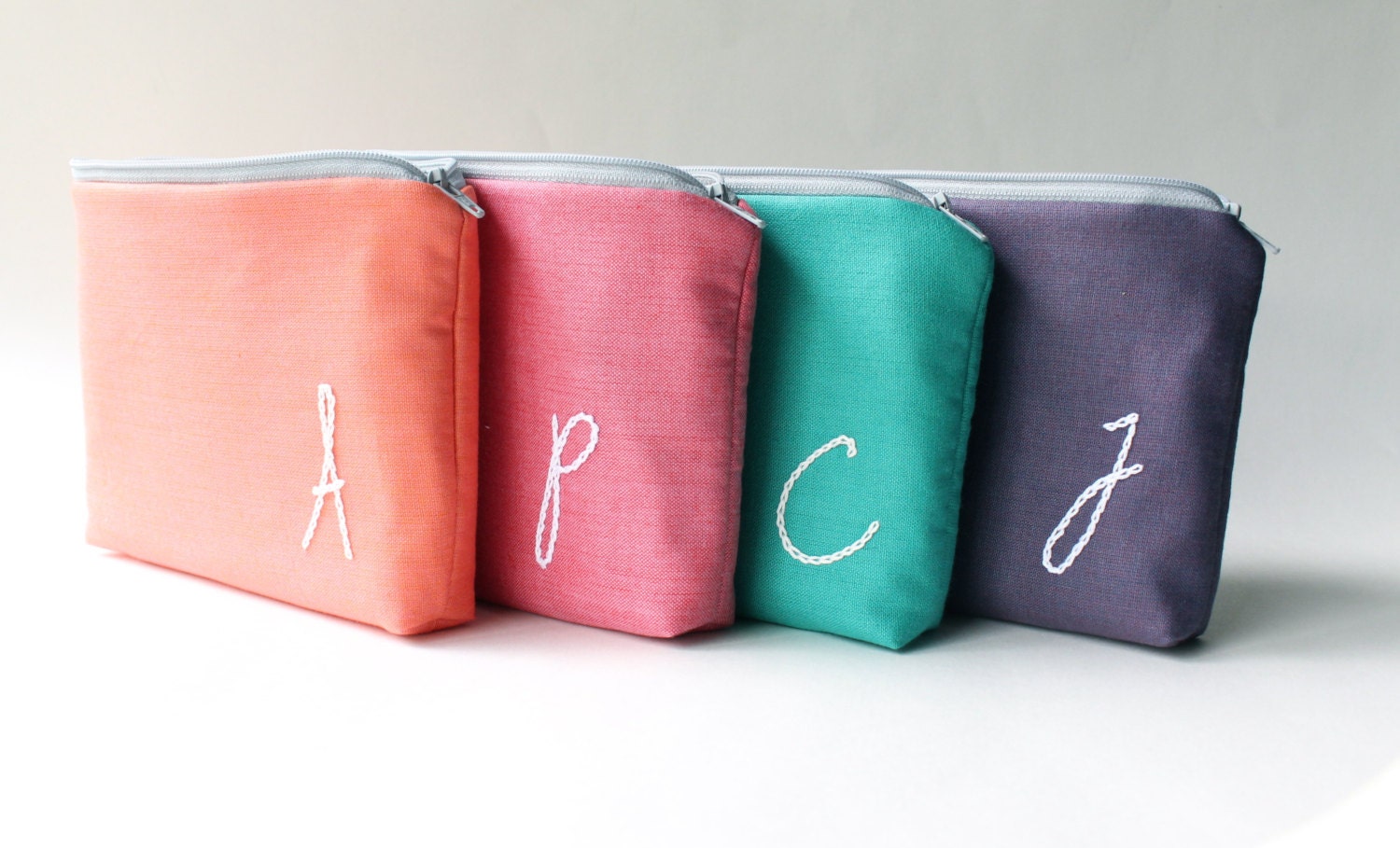 Monogrammed Bridesmaid Bags, Personalized Bridesmaid Gift, Set of 4 Make Up Bags,  Aqua Turquoise Coral Pink