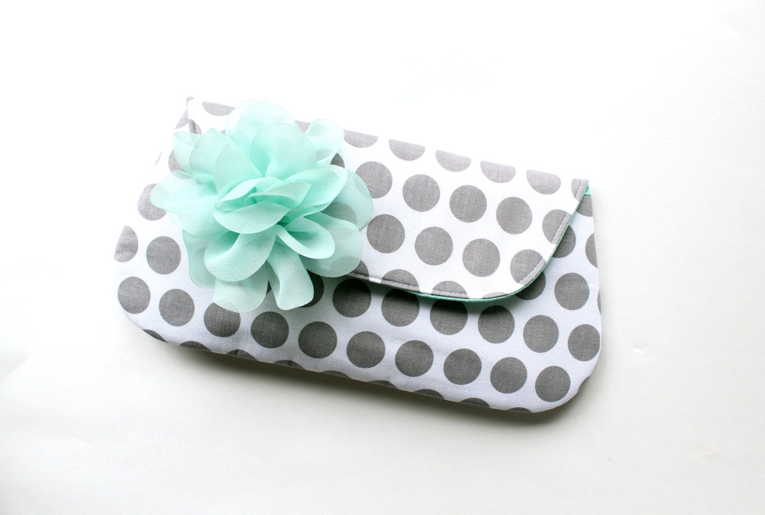 Mint and Gray Polka Dots Clutch Purse, Bridesmaid Gift Clutch, Envelope Clutch, Flower Brooch, Personalized Colors