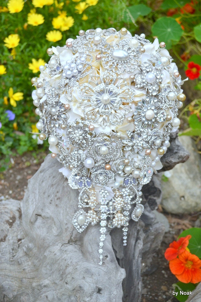Champagne pearl cascading brooch bouquet -- deposit on a made-to-order wedding bouquet