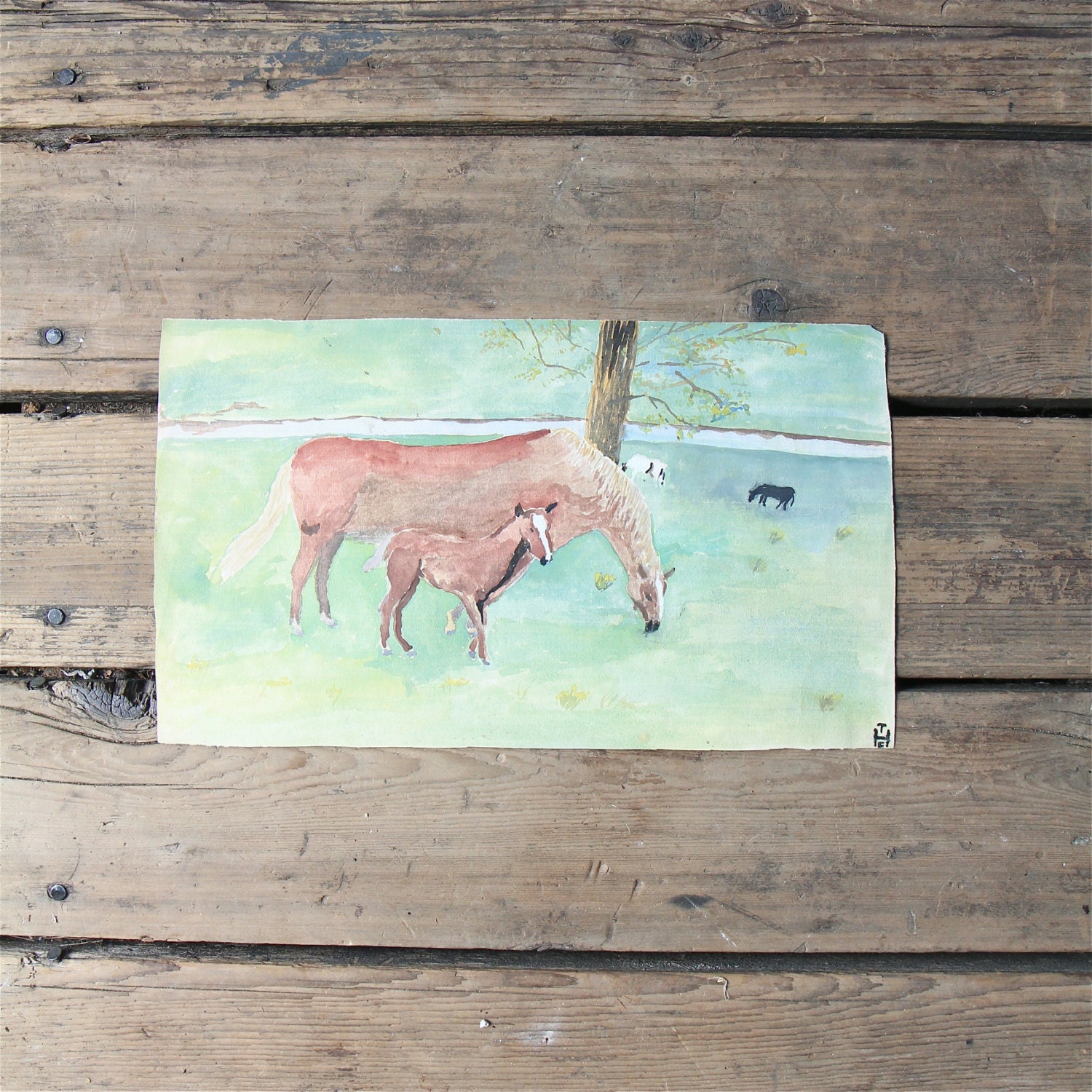 Vintage Landscape Watercolor Painting / Original Art, Horse, Fields, Country