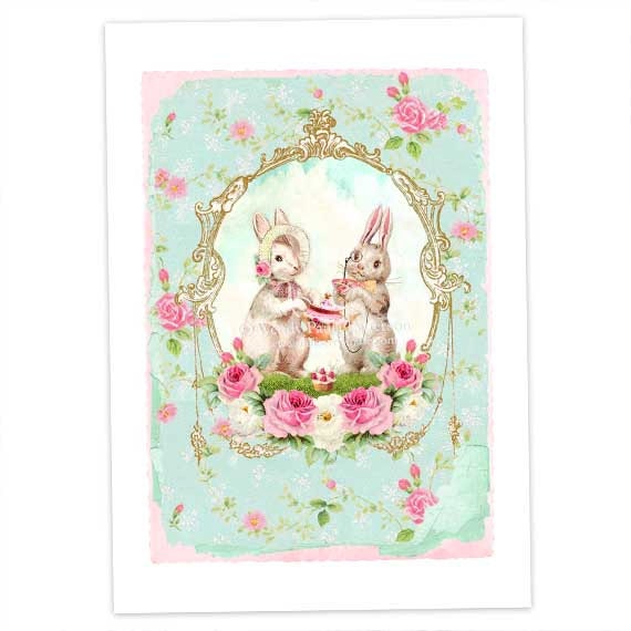 Bunny Rabbit, Art Print, Giclee, Easter, Tea Party, Vintage Wallpaper, Nursery Art, Spring, Pink Roses