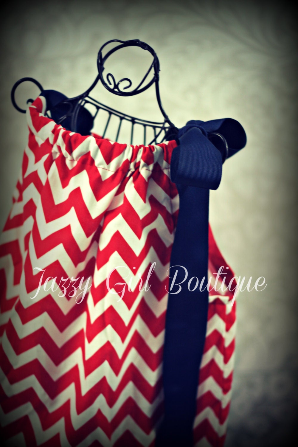 Girls Fourth of July Boutique Pillowcase Dress Red and White Chevron with Large Royal Blue Ribbon Bow over one Shoulder