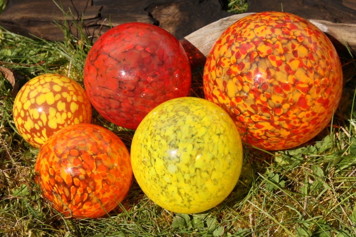 Set of 5 Colorful Hand Blown Glass Floats, Garden Balls, Gazing Glass Orbs In Warm Shades of Red, Yellow and Orange Outdoor Art Decoration