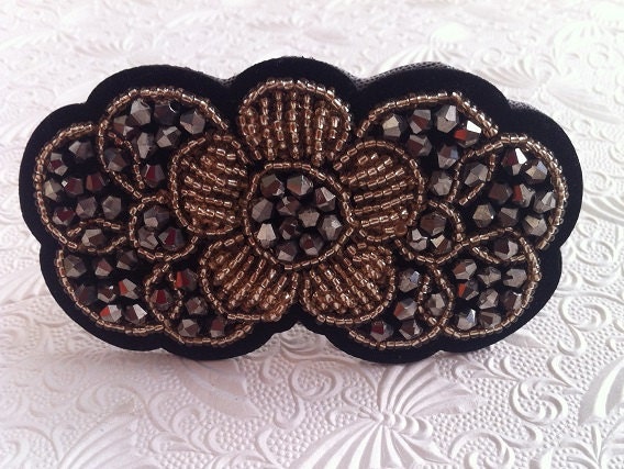One black gold embellished beaded floral barrette ponytail holder - hair accessory all hair types