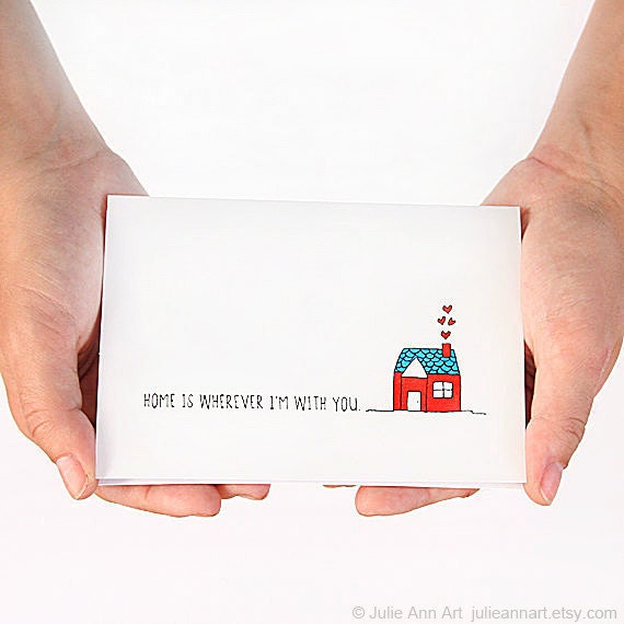 Anniversary Card. Home Is Wherever Im With You. Red, Turquoise, Aqua, White. Blank Greeting Card.
