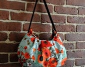 Pleated Bag // Shoulder Purse - Large Poppies in Teal