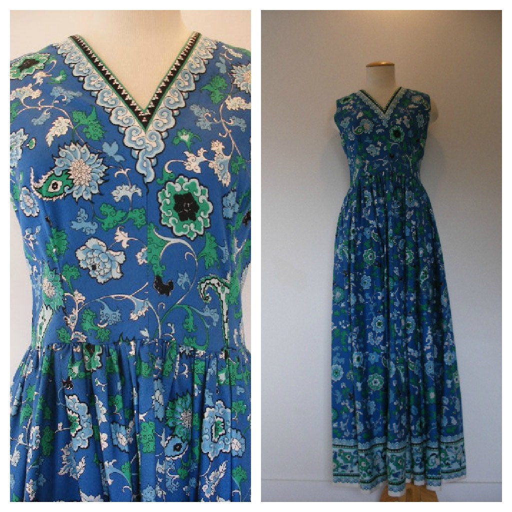 70s boho blue gown, sleeveless dress in scarf style floral print full length boho chic gown, curvy girl fit.
