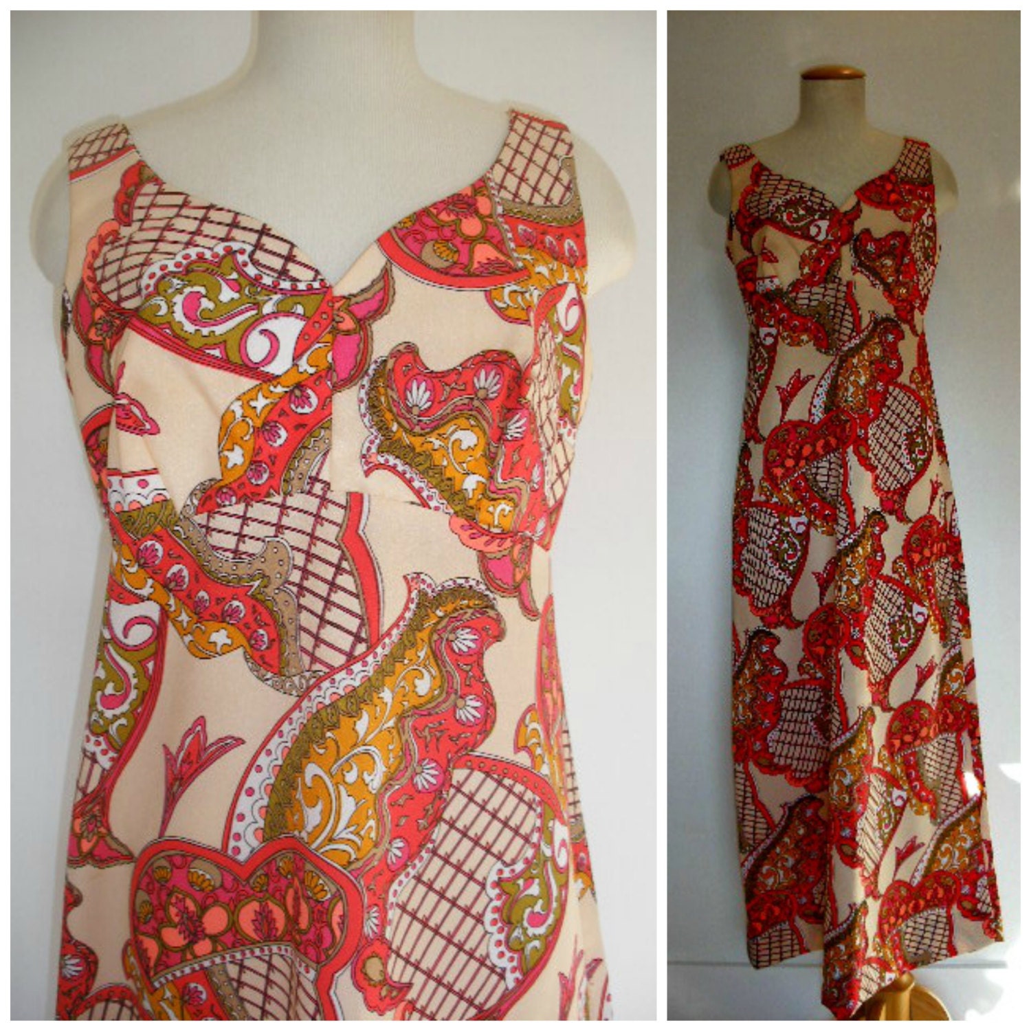 70s boho halter maxi dress, empire waist, pink scarf print on nude pink, full figure maxi summer boho gown.