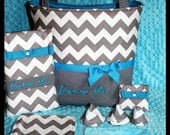 Chevron Gray And Turquoise Boy Monogrammed Diaper Bag With Wipes Case, Paci Pouch and More