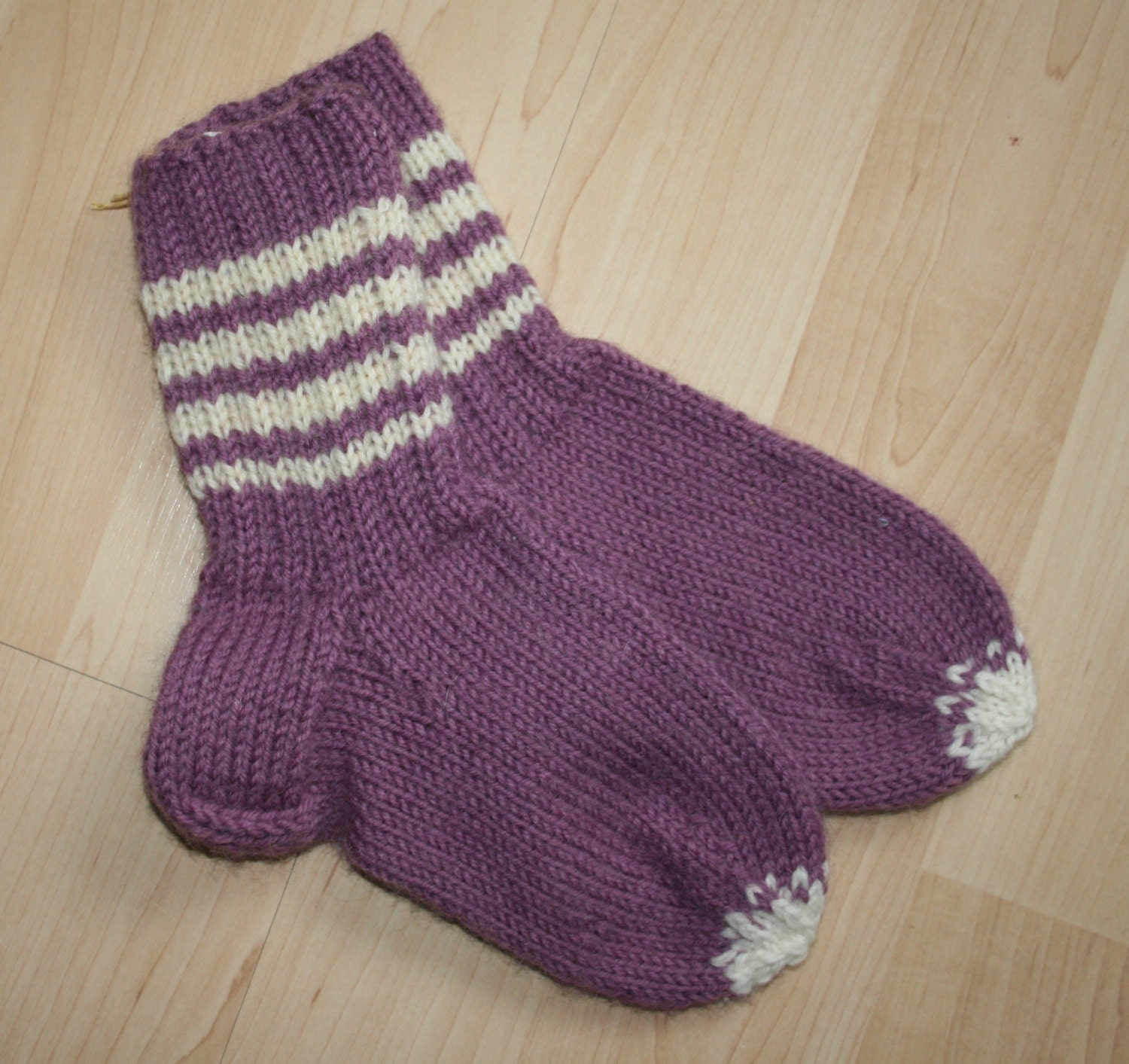 Hand-knit purple wool socks for child