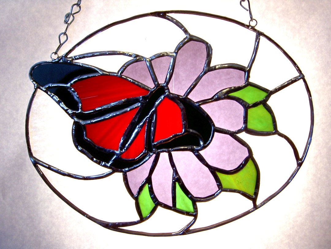 Handcrafted Stained Glass Butterfly on a Flower Suncatcher Sun Catcher