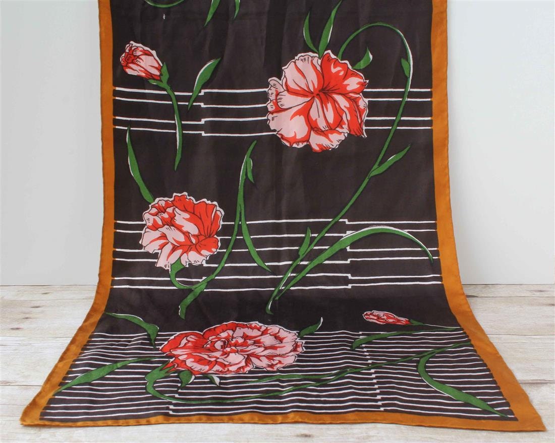 Black Floral Scarf / Triangle Brand Silk Wrap / Vintage Peony Carnation Flowered Covering