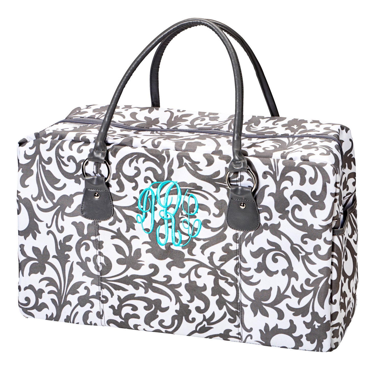 Set of 6 Bridesmaid Gift Overnight Bag Monogrammed Grey Floral Damask Weekend Tote Luggage