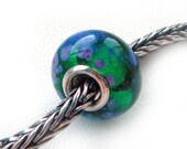Teal Purple Rain - Mees and Merel European lampwork bracelet bead with sterling silver core