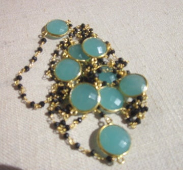 Aqua blue chalcedony and black spinel long gold necklace