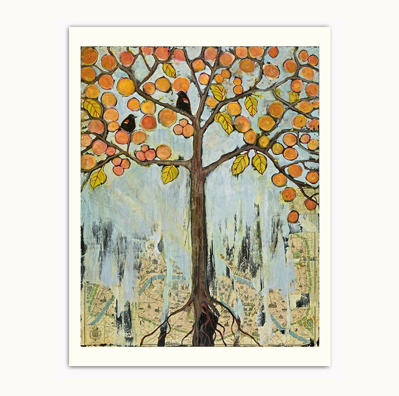 Art Paris Print of Tree with Map Black Birds - Archival Signed Print
