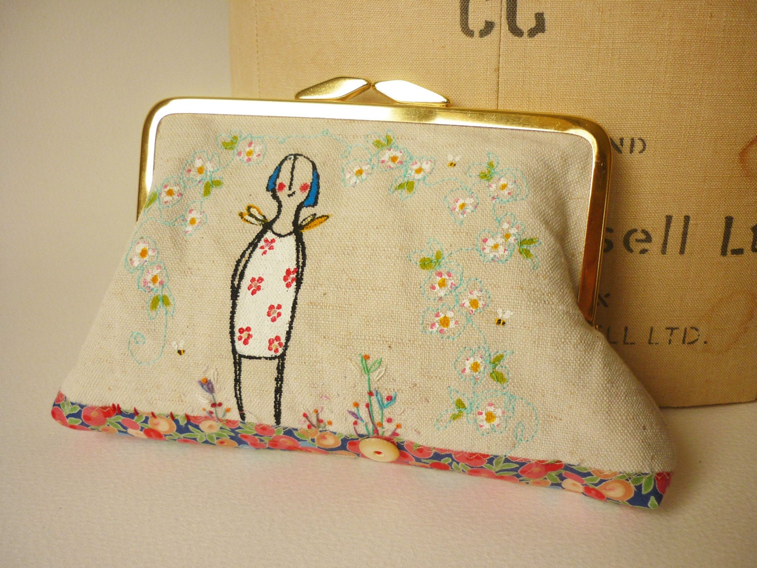 Purse or small Clutch .. French antique linen - ooak .. Screen printed purse and hand embroidered .. girl design