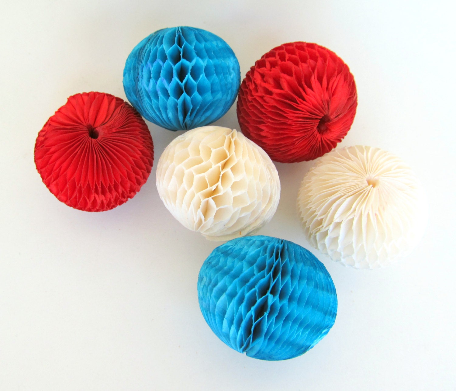 Vintage Honeycomb Balls  Set of 6 Red White Blue