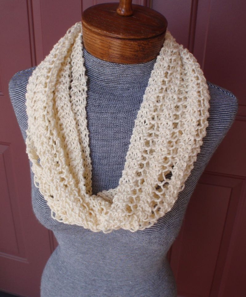 Long, pale yellow hand knitted cowl/infinity scarf in 100% cotton