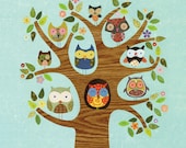 Print by Linda Solovic Nine Owls A Peering 8.5 x 11