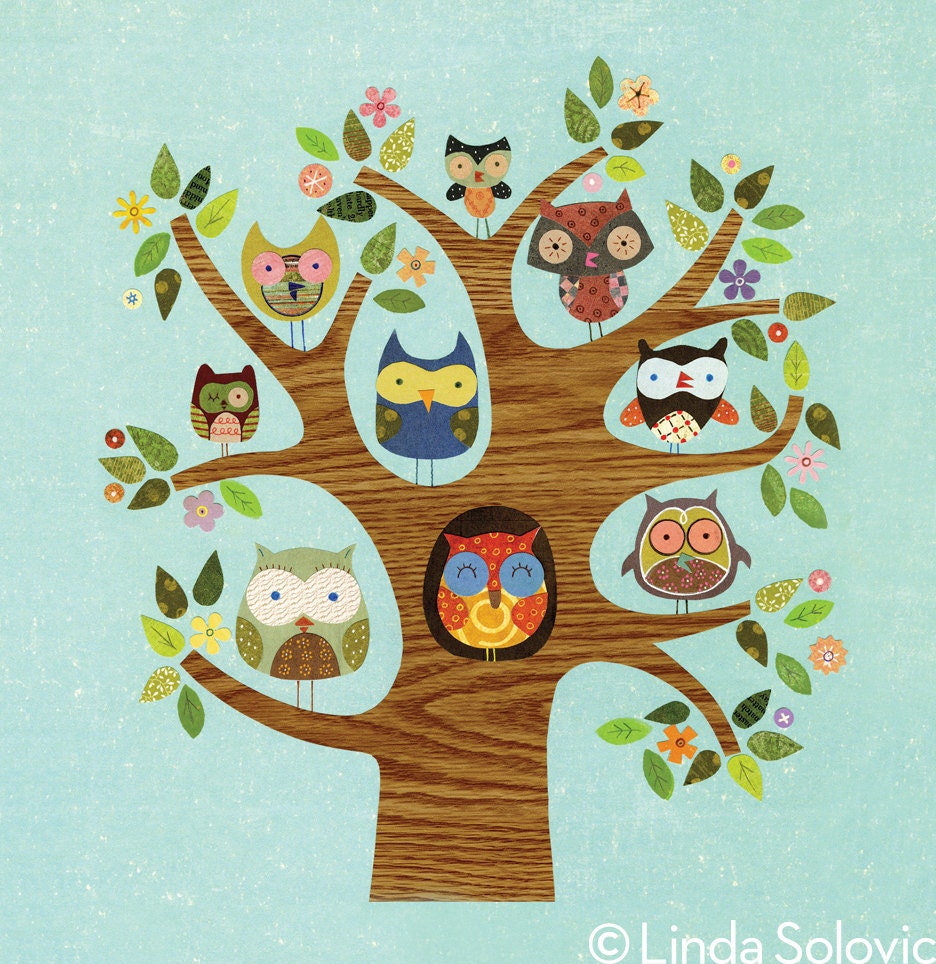 Nine Owls A Peering Print 13 x 19