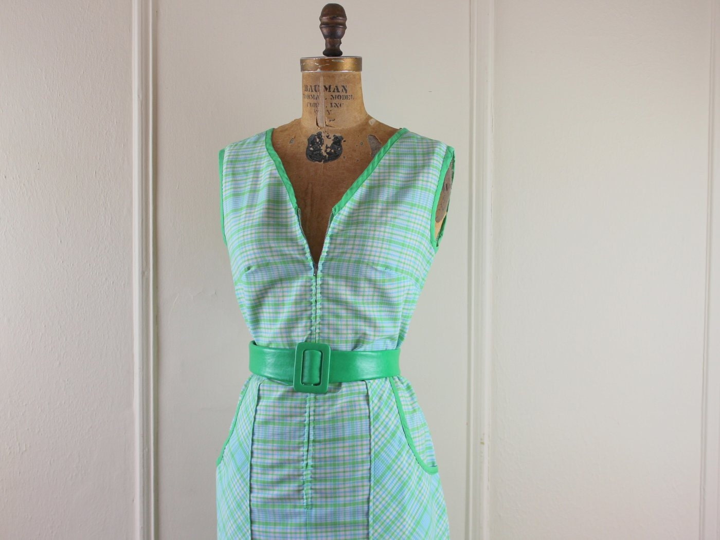 Grass Green and Sky Blue, vintage Plaid Cotton Day Dress - size large